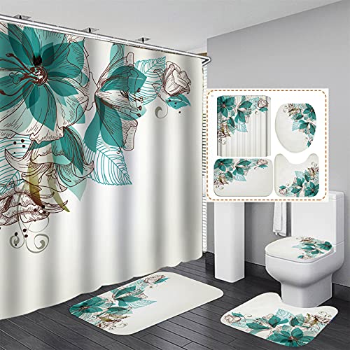 Fgolphd Duschvorhang Grün180x200 180x180 Blätter Blumen Pflanzen Blätter Strand Bunt Badezimmerteppich 4-teiliges Set,Shower Curtains Wasserdicht (180 x 180 cm,7) von Fgolphd