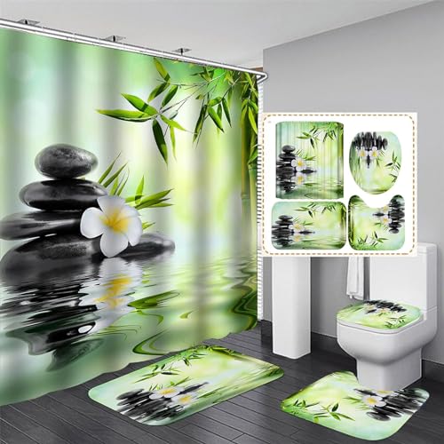 Fgolphd Duschvorhang Grün180x200 180x180 Blätter Blumen Pflanzen Blätter Strand Bunt Badezimmerteppich 4-teiliges Set,Shower Curtains Wasserdicht (180 x 200 cm,4) von Fgolphd