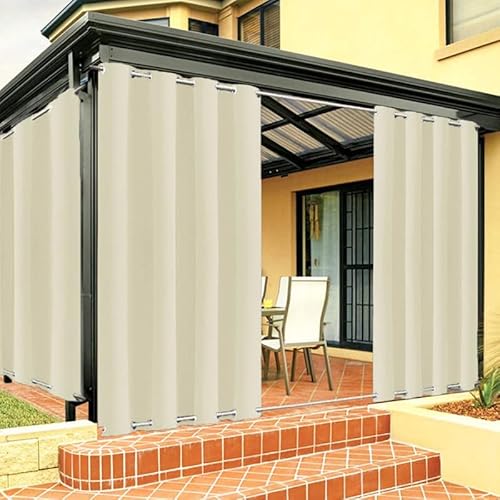 Outdoor Vorhang Wetterfest mit Ösen Oben und Unten, Outdoor Vorhänge Sonnenschutz Wasserdicht Blickdicht Gardinen für Pavillon, Benutzerdefinierte Größe -1 Stück, Beige, B183xH160cm von FicaRico