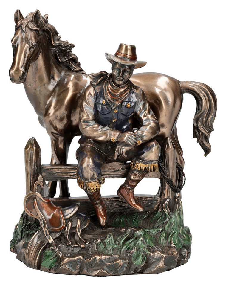 Figuren Shop GmbH Dekofigur Cowboy Figur mit Pferd bei der Rast - Wilder Westen Western Dekofigur von Figuren Shop GmbH