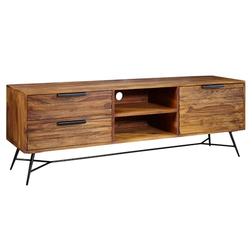 FineBuy Lowboard Nishan 160x54x40 cm Sheesham Massiv Holz, Design HiFi-Board mit Stauraum und Schubladen, Massivholz Fernsehschrank Wohnzimmer, Industrial Fernsehkommode mit Metallbeinen von FineBuy Möbel zum Wohlfühlen