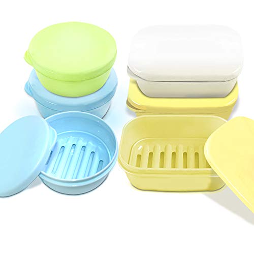 FineGood, 4 x wasserdichte Seifenschalen mit Deckel, selbstentleerende Seifenschale, tragbarer Seifenspender für Badezimmer – gelb, weiß, blau, grün von FineGood