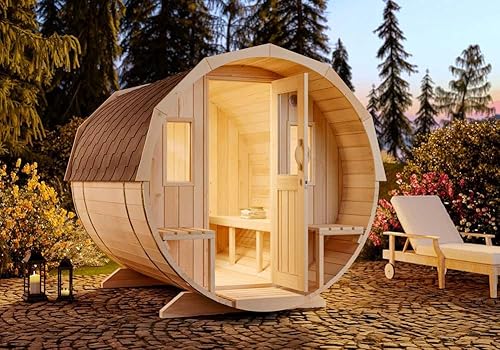 FinnTherm Fass-Sauna Sam, Aussensauna Fichte unbehandelt, Natur, ohne Ofen 2,80 x 2,19 m von FinnTherm