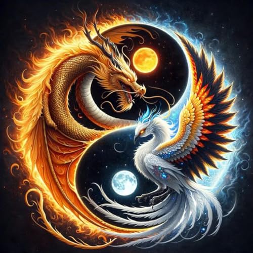 Fiorky 5D-Diamant-Malerei-Set, Yin-Yang-Drache, DIY-Vollrundbohrer, Diamant-Kunstgemälde for Erwachsene, Feuerdrache, Eis, Phönix, Kristallbild, Kunst for Heimwanddekoration, 30 x 30 cm von Fiorky