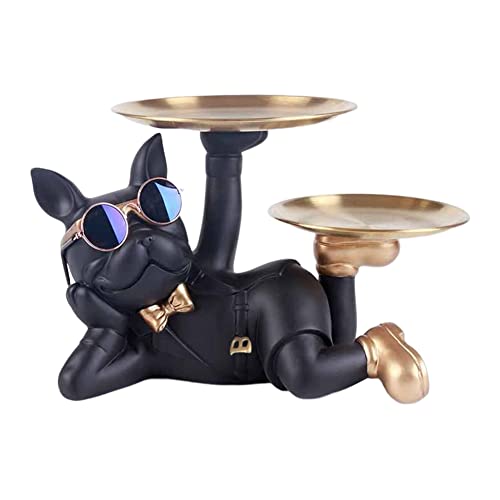 Fiorky Bulldogge Schlüsselhalter Figur mit Palette Harz Tisch Skulptur Eingang Handwerk Süßigkeiten Kleinteile für Zuhause Wohnzimmer, Schwarz - B von Fiorky