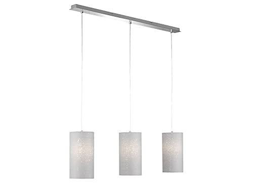 Fischer & Honsel Pendelleuchte Thor, 3-flammig, Hängelampe 3xE27-Fassung max. 40 Watt, Pendellampe mit Stoff-Lampenschirm & Dekor, Chromfarben & Grau, 110x16x150cm von Fischer & Honsel