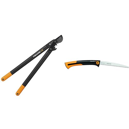 Fiskars PowerGear II Bypass-Getriebeastschere für frisches Holz, Länge: 70 cm, Schwarz/Orange, L78, 1000584 & Große Handsäge für frisches Holz, Grobzahnung, Sägeblattlänge: 25,5 cm, Schwarz/Orange von Fiskars