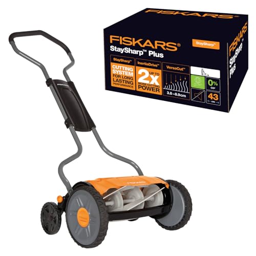 Fiskars Spindelmäher, Rasenmäher mit berührungslosem Schneidesystem, Schnittbreite: 43 cm, StaySharp Plus, Schwarz/Orange/Silber, 1015649 von Fiskars