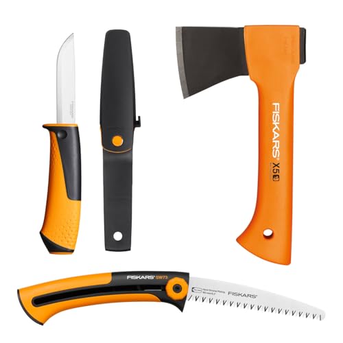 Fiskars Camping-Set, Freizeitbeil X5-XXS, 23 cm, Xtract Handsäge SW73, Für frisches Holz, Einziehbar, 35 cm, Universalmesser inkl. Holster mit integriertem Messerschärfer, 21,5 cm, 1057912 Fiskars Camping-Set, Freizeitbeil X5-XXS, 23 cm, Xtract Handsäge SW73, Für frisches Holz, Einziehbar, 35 cm, Universalmesser inkl. Holster mit integriertem Messerschärfer, 21,5 cm, 1057912 von Fiskars