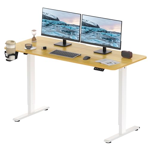 FitStand höhenverstellbarer Schreibtisch Elektrisches Stehpult Höhenverstellbares Stehpult Sitzpult Home Office Pult mit Memory Intelligentes Bedienfeld/1 Haken/1 Becherhalter -140x60cm (Ahorn) von FitStand