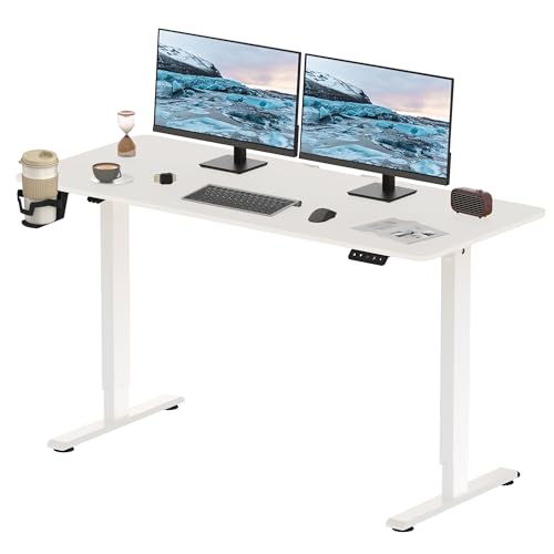 FitStand höhenverstellbarer Schreibtisch Elektrisches Stehpult Höhenverstellbares Stehpult Sitzpult Home Office Pult mit Memory Intelligentes Bedienfeld/1 Haken/1 Becherhalter -140x60cm (Weiß) von FitStand