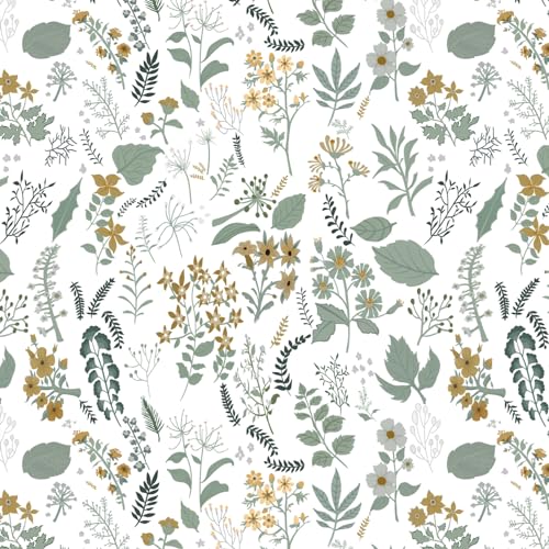 Fiula Selbstklebende Tapete Blumen 41x300CM Klebefolie Möbel Blumentapete Blätter Dekorfolie Selbstklebend Küche Weiß Klebetapete Muster Tapeten Wassdicht DIY Wohnzimmer Grün Gelb Wandtapete Floral von Fiula