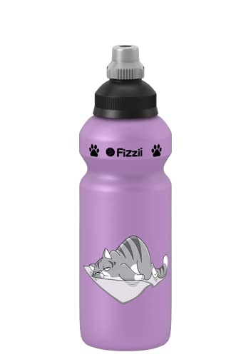 Fizzii Kinder- und Freizeittrinkflasche 500 ml, Motiv Katze, Farbe flieder (auslaufsicher bei Kohlensäure, schadstofffrei, spülmaschinenfest) von Fizzii