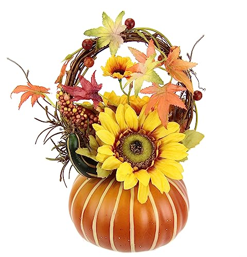 Flair Flower Arrangement mit künstlichen Blumen Sonnenblume Beeren Herbstlaub im Kürbis Kunstblumen Dekoblumen Herbstdeko Herbstblumen Seidenblumen Gesteck Tischdeko, 15 cm von Flair Flower