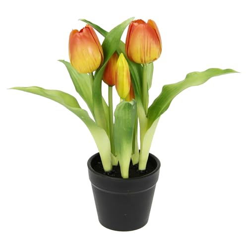 Flair Flower Künstliche Tulpen im Topf Real-Touch Blüten Frühlingsdeko Osterdeko Tulpe Tulpenstrauß Latex Kunsttulpe Einzelblumen Kunstblumen Blumen Tischdeko Dekoration Stielblume Seidenblume, orange von Flair Flower