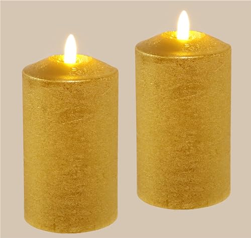 Flair Flower LED Kerzen Echtwachs 2er Set elektrische Kerze LED-Kerze Warmweiß Stimmungslicht Lichter Dekoration Stumpenkerze große Adventskerzen Adventskranz Kranz Valentinstag, 12,5x7,5cm, gold von Flair Flower