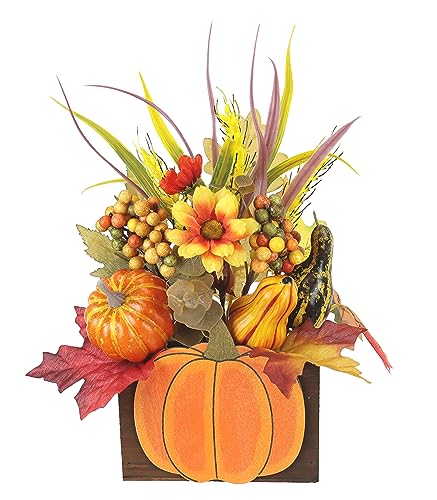 Kunstblume Dahlien mit Beeren Kürbis Weizen im Topf Herbstgesteck Herbstliche Blumen Kunstpflanze Gesteck Halloween Thanksgiving Deko Blumendeko Herbstblumen Herbstlaub Tischdeko Mittelstück von Flair Flower