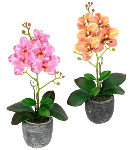 Flair Flower Kunstblume Schmetterling Orchidee mit Blätter im Topf Künstliche Blume Kunstorchidee Phalaenopsis Übertopf Kunstpflanze Hochzeit Deko Seidenblume Real Touch Blüte, 2er Set, orange/rosa von Flair Flower