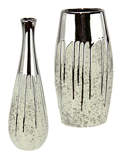 Vase aus Keramik bauchig Dekovase Einzelblumen Trockenblumen Zylindervase Silber weiß matt glänzend Bodenvase Blumenvase Modern Vasen für Tischdeko Tischvase Dekoration Trockenblume Pampasgras 24cm von Flair Flower