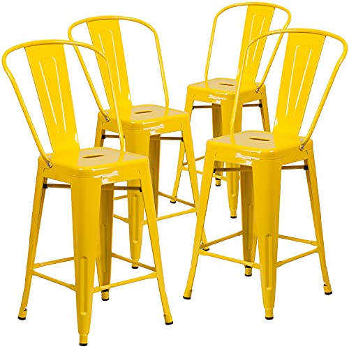 Flash Furniture 4 x Hocker mit Rückenlehne, 61 cm hoch, Metall, für den Innen-und Außenbereich, Kunststoff, verzinkter Stahl, gelb, 4er-Set von Flash Furniture