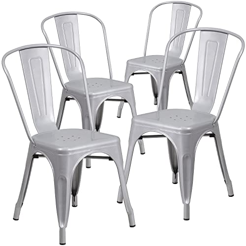 Flash Furniture Stapelbare Stühle für den Innen-und Außenbereich, aus Metall, 4 Stück, Kunststoff, Gummi, Silber, 4 Pack von Flash Furniture
