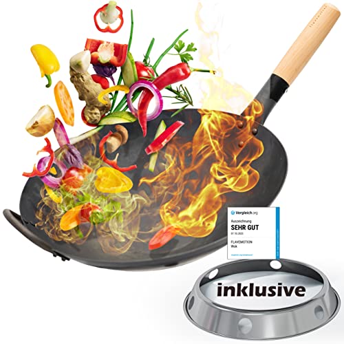 Flavemotion Wok + Wokring für Gasherd, Grill (36 cm, flacher Boden, vorgekocht) handgehämmerter Wok aus Karbonstahl mit Holzgriff, inkl. Wokring zur Aufbewahrung von Flavemotion