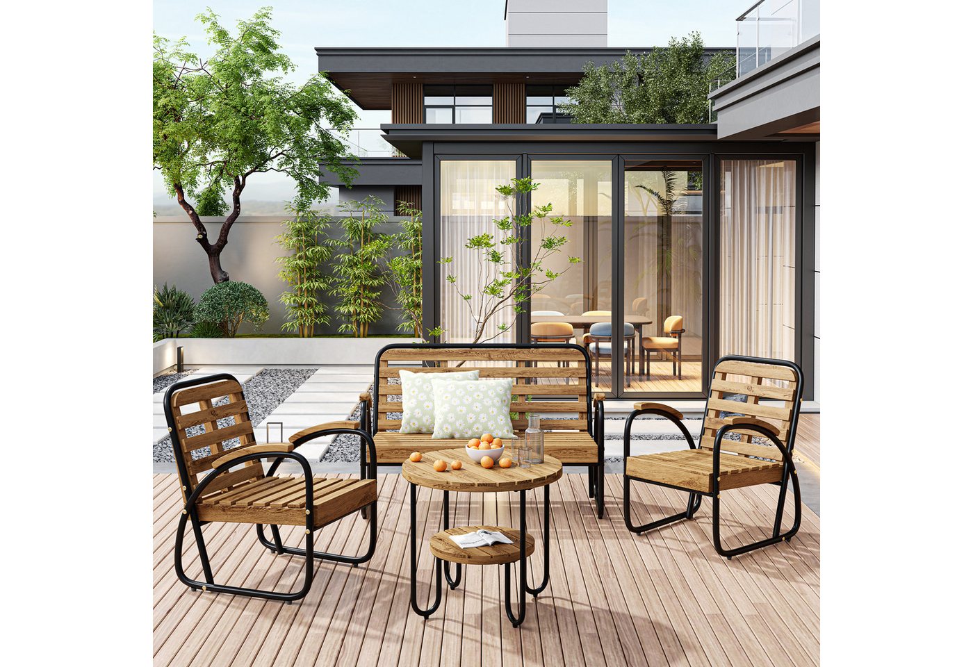 Flieks Balkonset, (4-tlg), 4-Sitzer Gartenmöbel Sitzgruppe Akazienholz (1xBank+2xStuhl+1xTisch) von Flieks
