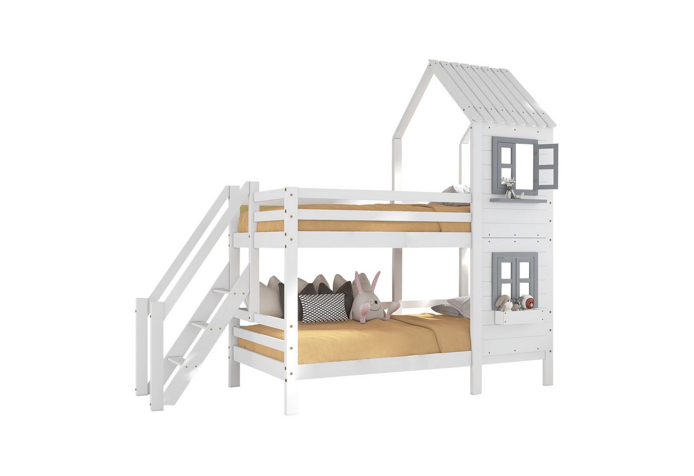 Flieks Etagenbett, Hausbett mit Fallschutz Leiter Kinderbett Kiefer 90x200cm von Flieks