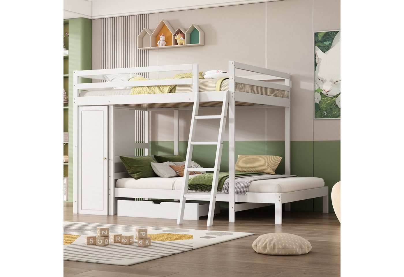 Flieks Etagenbett, Massivholzbett Kinderbett mit Kleiderschrank und Schublade 90x200cm von Flieks