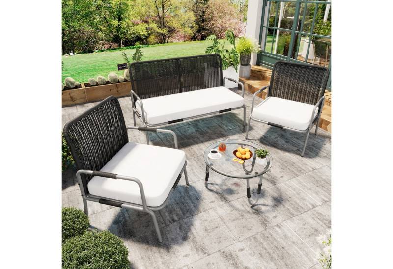 Flieks Gartenlounge-Set, 4-Sitzer Balkonset Gartenmöbel Rattan 2-Sitzer Sofa*1+Tisch*1+Stuhl*2 von Flieks