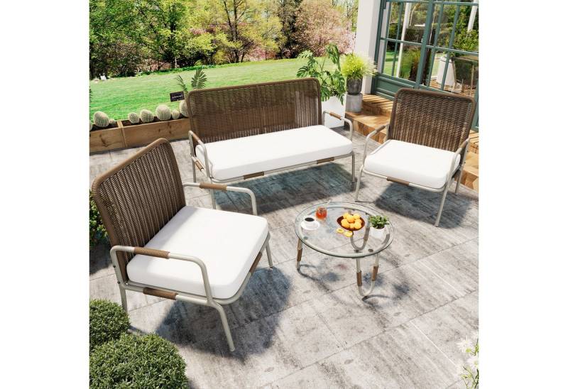 Flieks Gartenlounge-Set, 4-Sitzer Balkonset Gartenmöbel Rattan 2-Sitzer Sofa*1+Tisch*1+Stuhl*2 von Flieks