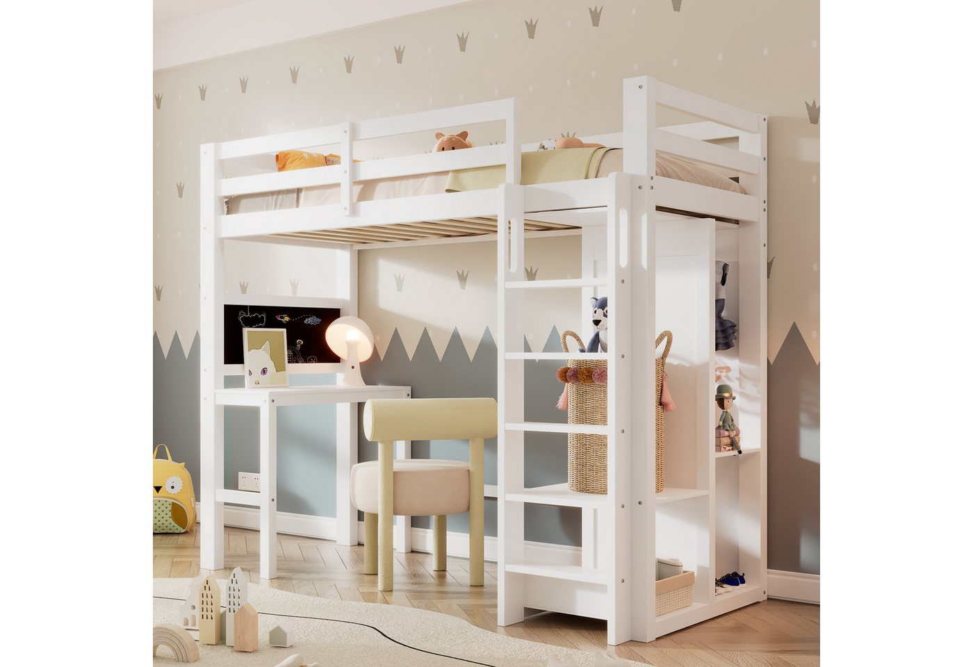 Flieks Hochbett Kinderbett 90x200cm mit Schreibtisch, offenen Kleiderschrank, Regalen von Flieks