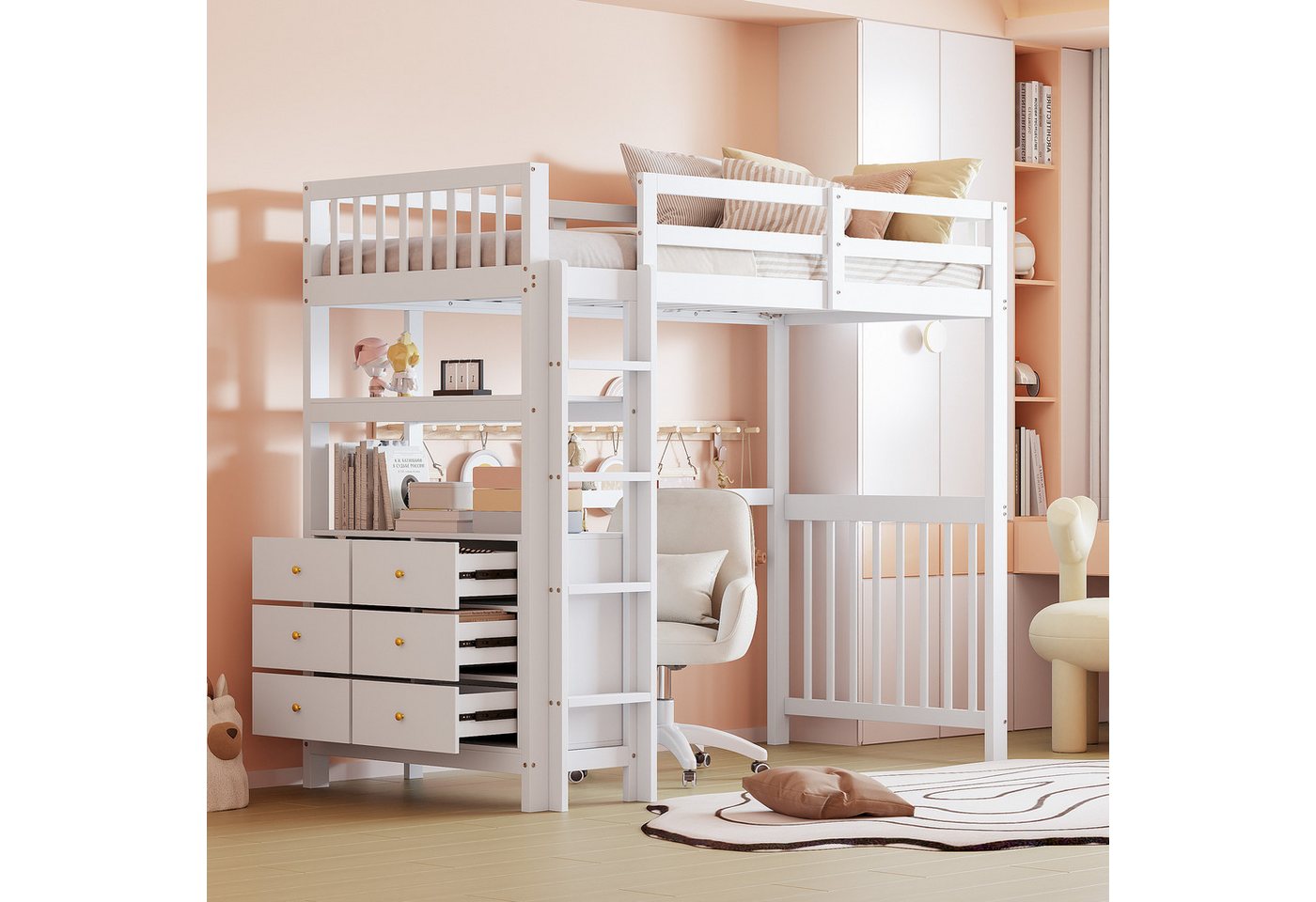 Flieks Hochbett Massivholz Kinderbett 90x200cm mit 6-Schubladen-Kommode und Regal Flieks Hochbett Massivholz Kinderbett 90x200cm mit 6-Schubladen-Kommode und Regal von Flieks