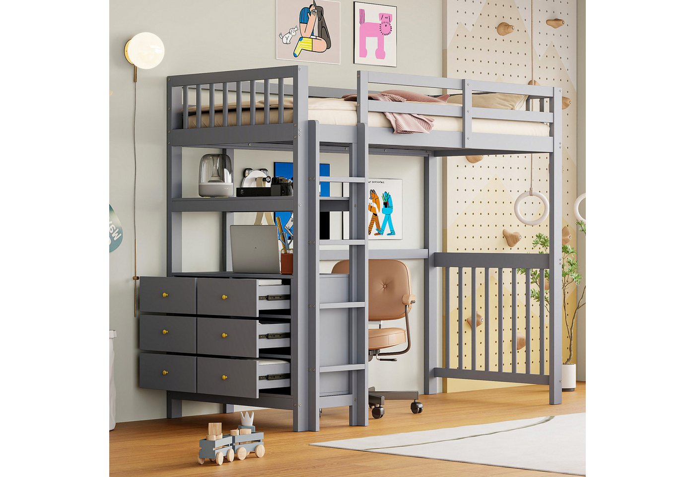 Flieks Hochbett Massivholz Kinderbett 90x200cm mit 6-Schubladen-Kommode und Regal Flieks Hochbett Massivholz Kinderbett 90x200cm mit 6-Schubladen-Kommode und Regal von Flieks