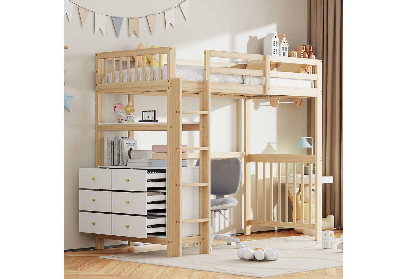 Flieks Hochbett Massivholz Kinderbett 90x200cm mit 6-Schubladen-Kommode und Regal Flieks Hochbett Massivholz Kinderbett 90x200cm mit 6-Schubladen-Kommode und Regal von Flieks