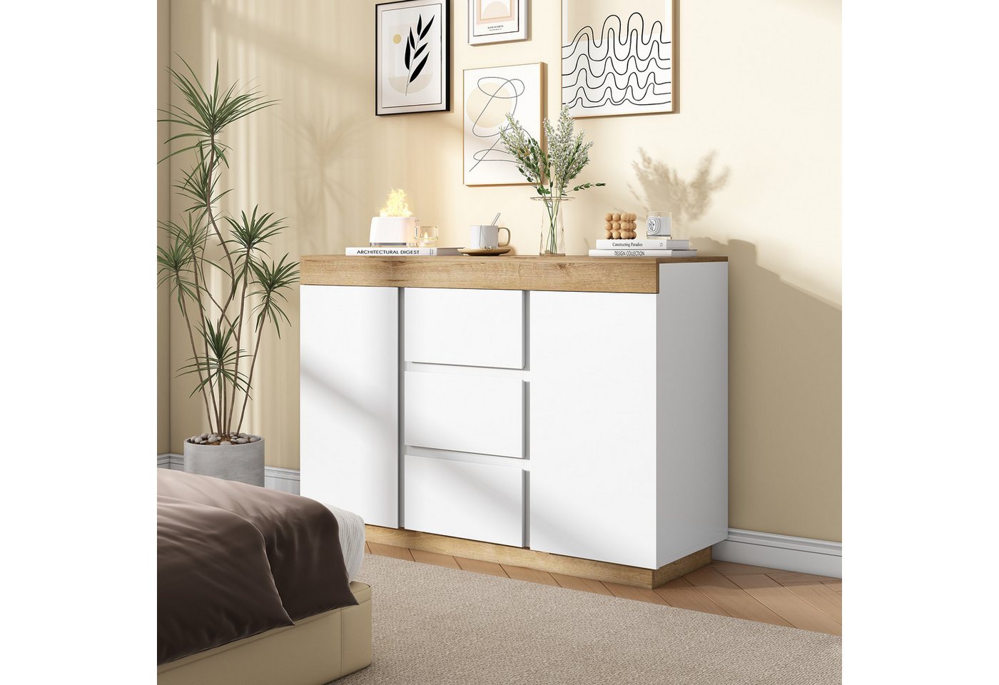 Flieks Kommode, Nachtschrank Sideboard mit 3 Schubladen und 2 Türen 120.5x40.2x82.5cm von Flieks