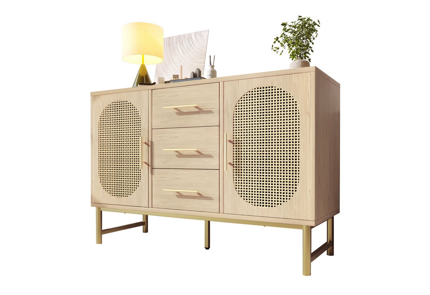 Flieks Kommode, Schrank Sideboard mit 3 Schubladen 2 Türen Rattan Eiche 120x40x74cm Flieks Kommode, Schrank Sideboard mit 3 Schubladen 2 Türen Rattan Eiche 120x40x74cm von Flieks
