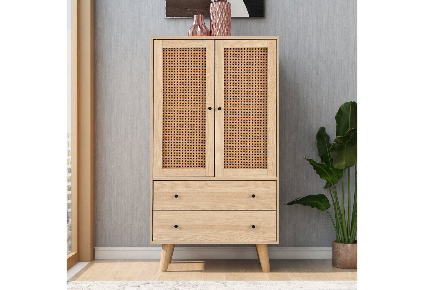 Flieks Kommode, Sideboard mit 2 Schubladen und 2 Türen Rattan 60x40x120cm von Flieks