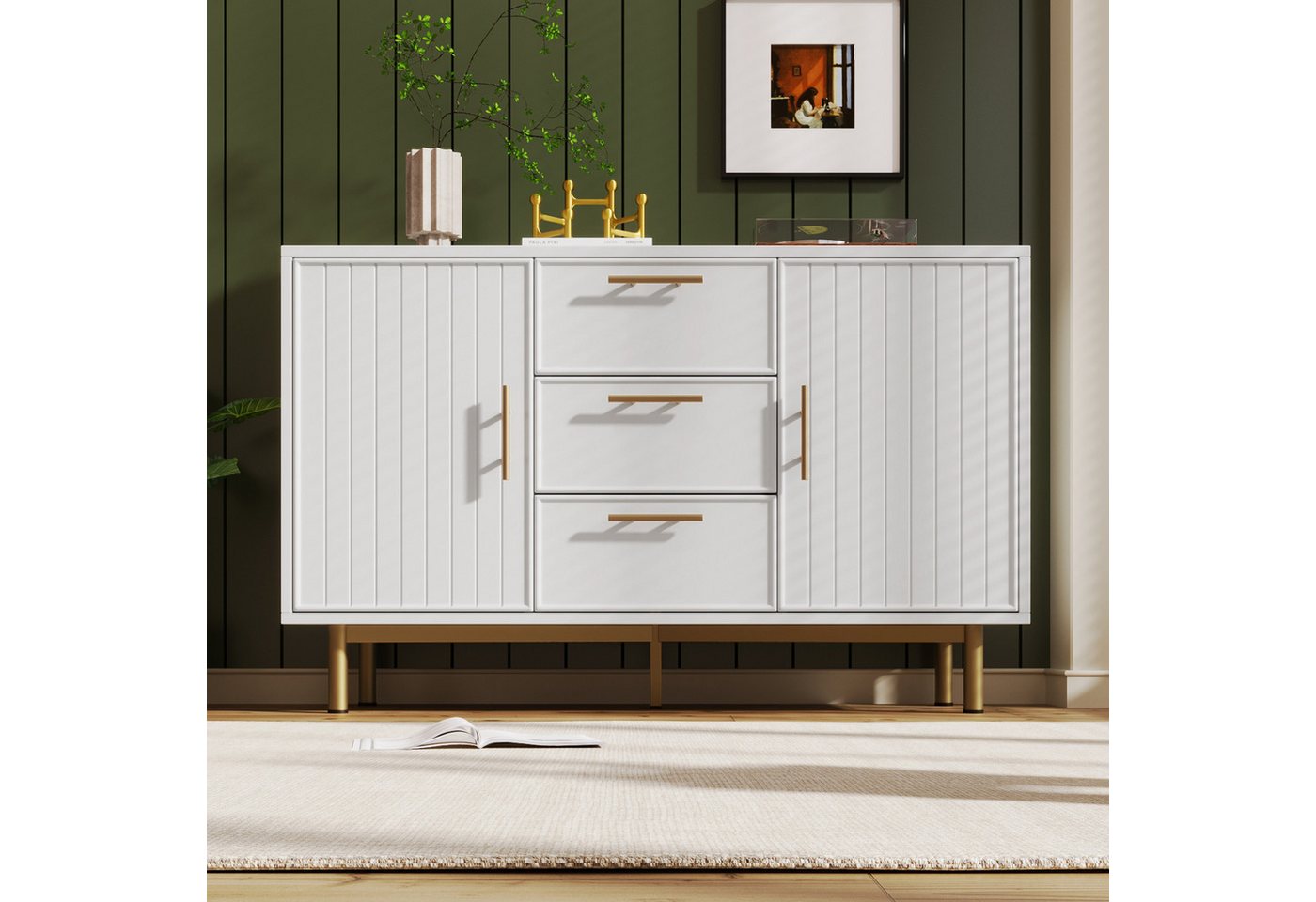 Flieks Kommode, Sideboard mit 2 Türen und 3 Schubladen 120x40x75cm Verstellbare Ablage von Flieks