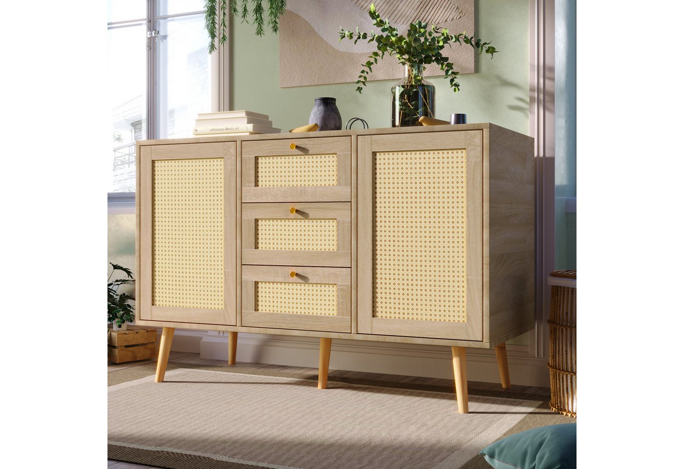 Flieks Kommode, Sideboard mit 3 Schubladen & 2 Türen Rattan Eiche 120x82x40cm von Flieks