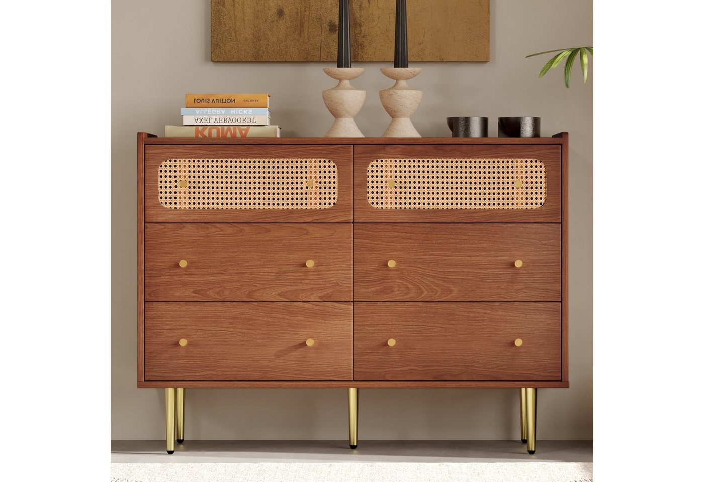 Flieks Kommode, Sideboard mit 6 Schubladen Rattan Nussbaum 120x40x90cm von Flieks