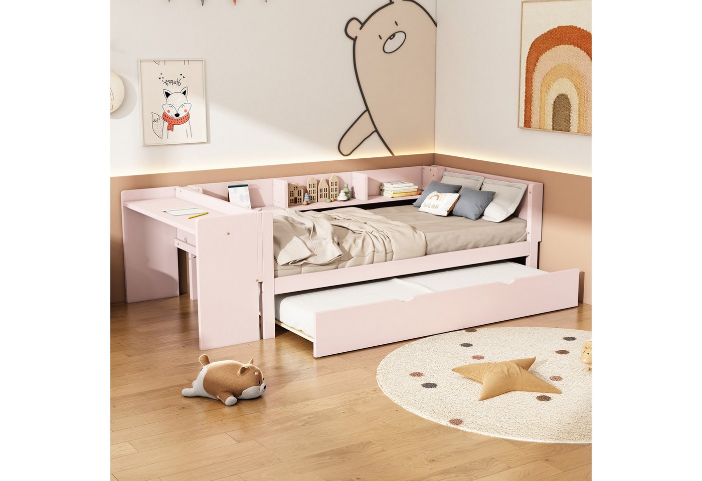 Flieks Massivholzbett, Kinderbett Einzelbett 90x200cm mit Ausziehbett 90x180cm + Schreibtisch von Flieks