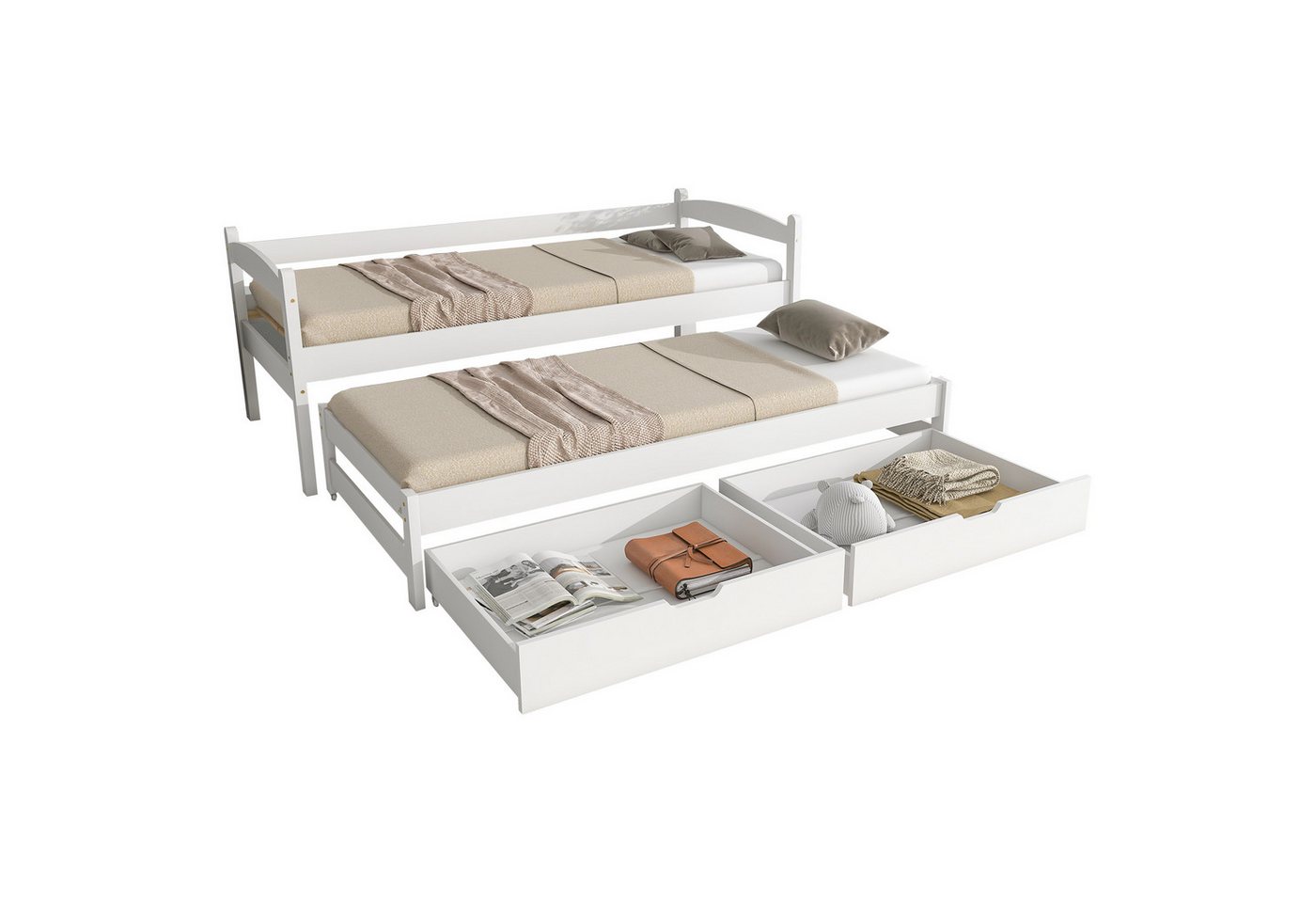 Flieks Massivholzbett (mit 2 MDF-Schubladen und Lattenrost), Einzelbett Kinderbett Schiebebett mit Rollen Kiefer 200x90cm/190x90cm von Flieks