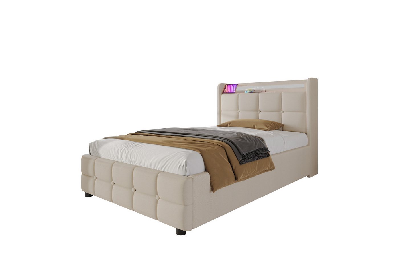 Flieks Polsterbett, LED-Beleuchtung Einzelbett 90x200cm mit Ladefunktion und 2 Schubladen von Flieks