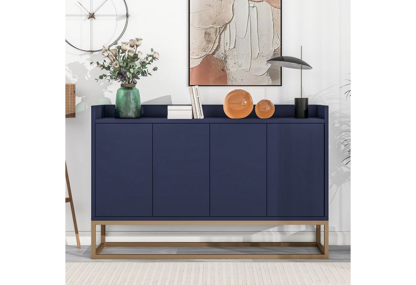 Flieks Sideboard, Kommode mit 4 Türen mit goldenen Metallbeine 120x30x80cm von Flieks