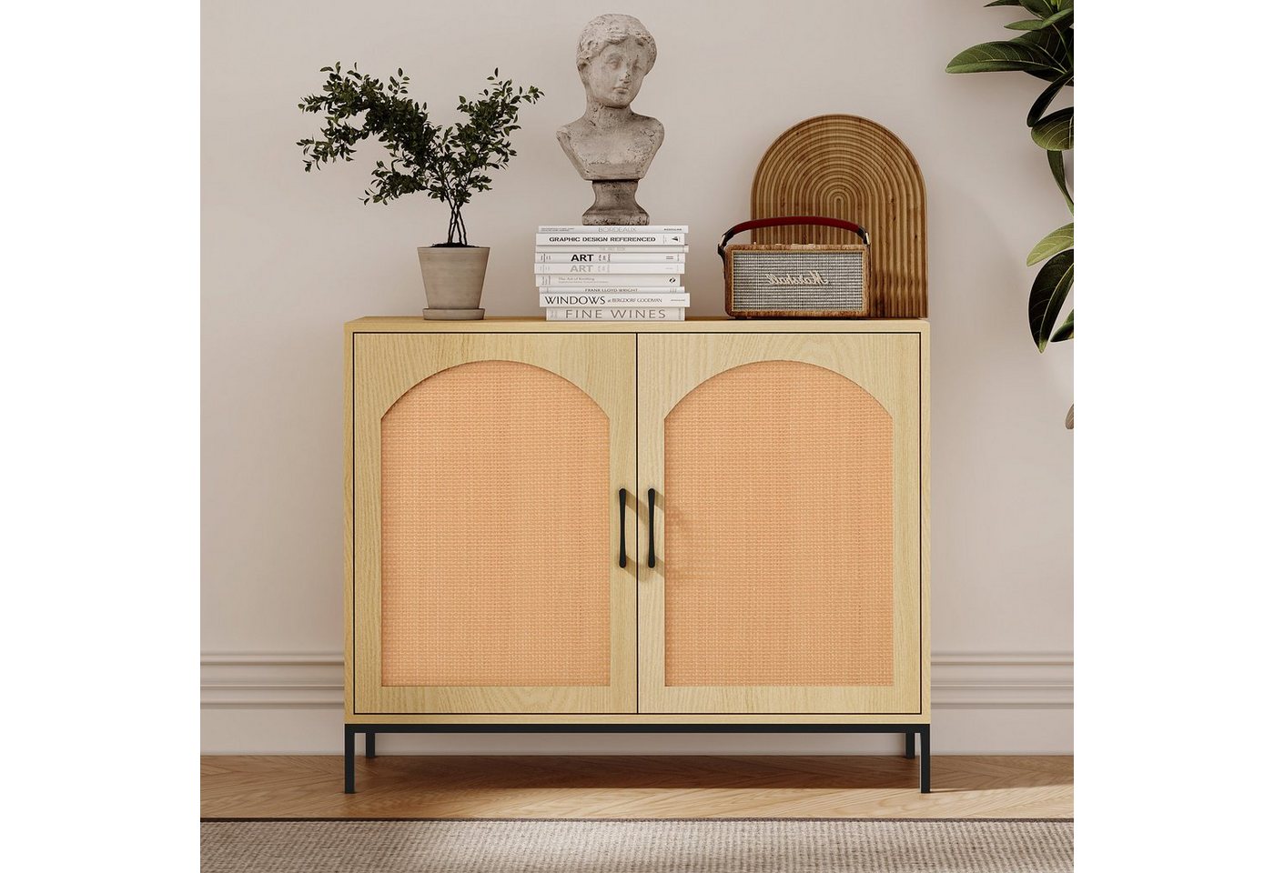 Flieks Sideboard (1 St), Kommode mit 2 Rattantüren Anrichte Wohnzimmerschrank von Flieks