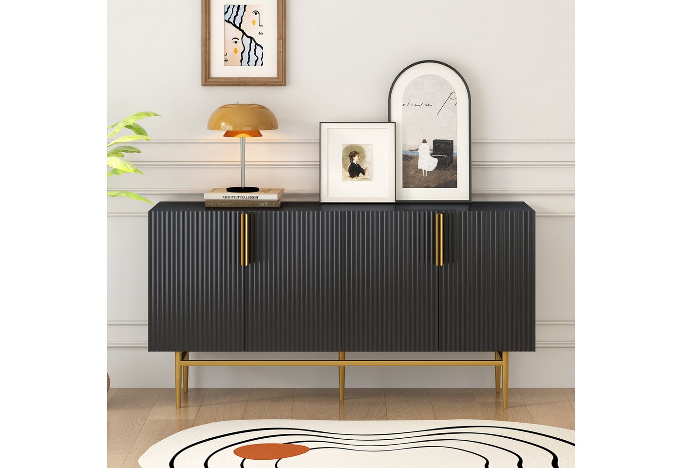 Flieks Sideboard (1 St., Metallgriff und Metallbeine), Anricht mit 4 Türen Buffetschrank 152,5*40,5*80cm, Schwarz von Flieks