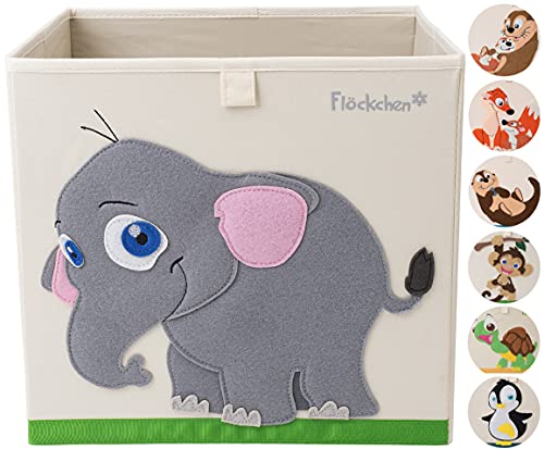 Flöckchen Kinder Aufbewahrungsbox, Spielzeugbox für Kinderzimmer I Spielzeug Box (33x33x33) passt ins Kallax Regal I Kinder Motiv Tiere (Emilia der Elefant) von Flöckchen