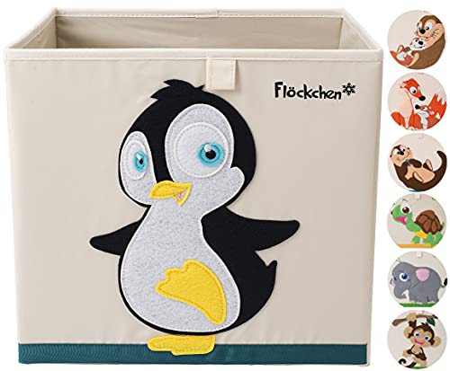 Flöckchen Kinder Aufbewahrungsbox, Spielzeugbox für Kinderzimmer I Spielzeug Box (33x33x33) passt ins Kallax Regal I Kinder Motiv Tiere (Polly der Pinguin) von Flöckchen