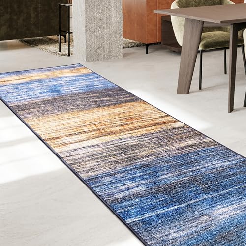 Floordirekt Teppich Läufer Flur, Küche & Wohnraum Küchenläufer - Rutschfester Moderner Kurzflor Flurteppich Brücke für Wohnzimmer & Schlafzimmer Meterware nach Maß, Blau-Braun, 80 x 150 cm (Cancun) von Floordirekt